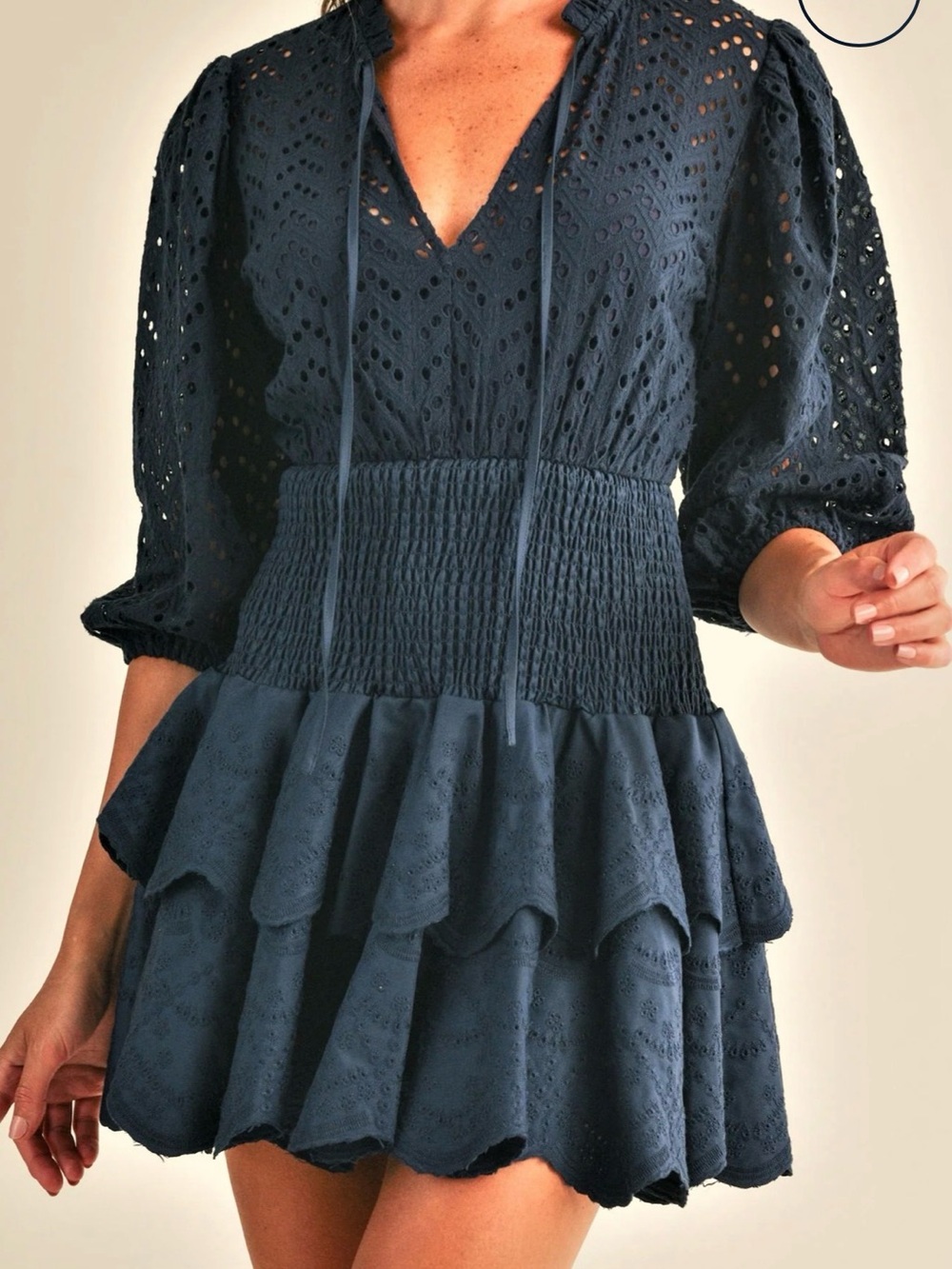 The Reset Navy Eyelet Smocked Mini Dress size M EUC